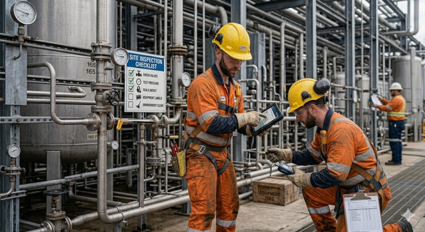 Two construction workers in safety gear reviewing site inspection checklist and using digital tablet around industrial pipes – safety inspection and equipment maintenance.