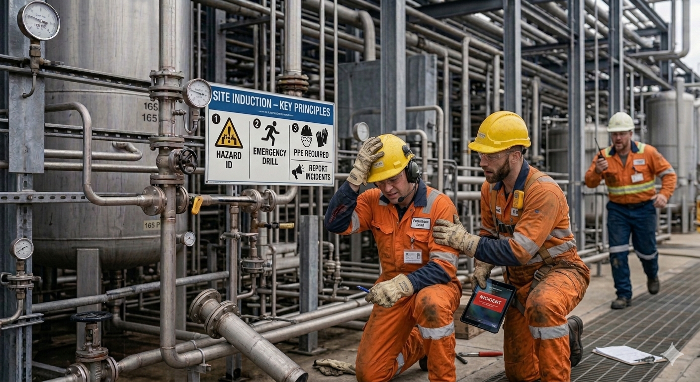 Workers in orange safety uniforms and hard hats operating industrial equipment with site induction sign and hazard warnings in background – site induction safety and hazard identification.