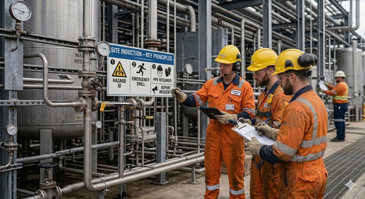 Group of workers in orange safety suits reading clipboard near site induction sign and industrial pipes – industrial safety induction guidelines.