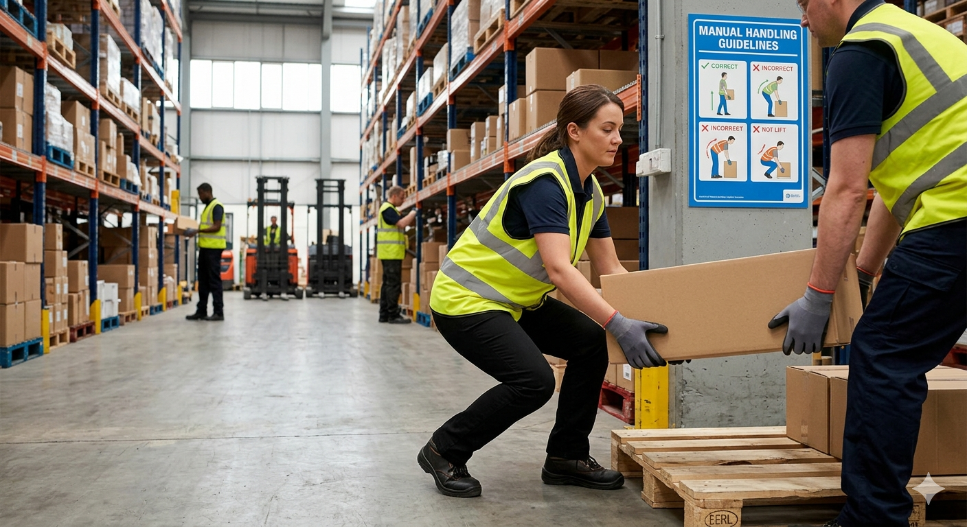 Warehouse workers moving boxes with manual handling safety posters on display - health & safety compliance visual for UK construction and SMEs