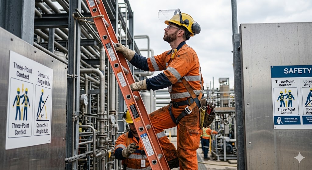 Construction worker in orange safety gear climbing a ladder at an industrial site with safety signs for three-point contact displayed – ladder safety and working at height.