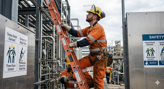 Construction worker in orange safety gear climbing a ladder at an industrial site with safety signs for three-point contact displayed – ladder safety and working at height.